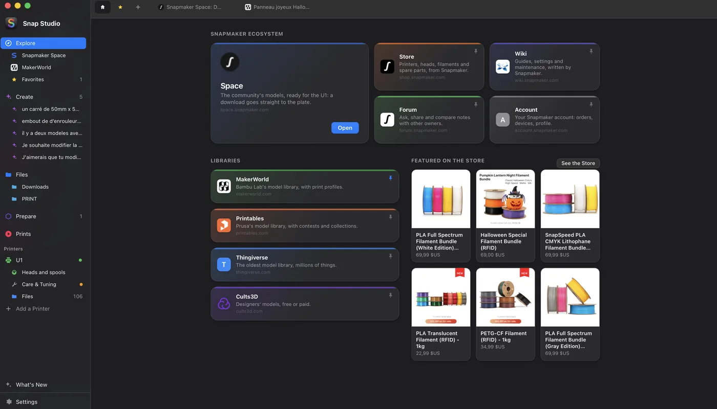 Explore home: Snapmaker Space, Store, Wiki, Forum, Account, model libraries and featured Store products